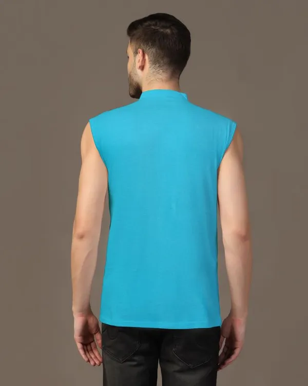 Turquoise_Cotton_Blend_Mandarin_Collar_Sleeveless_T_Shirt_For_Men