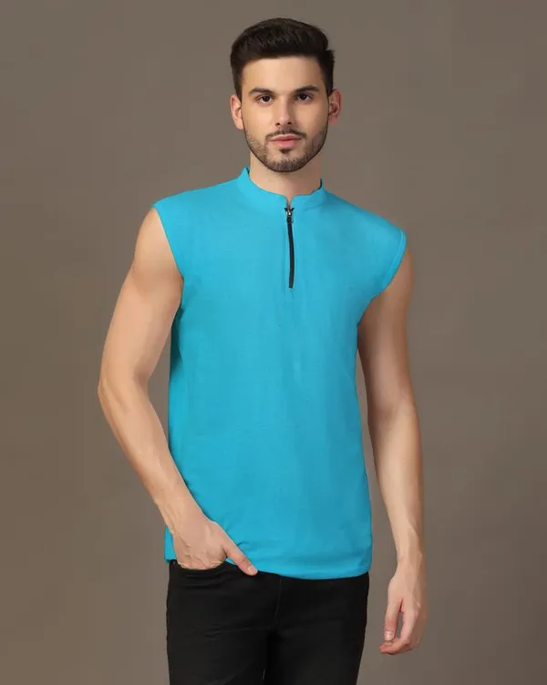 Turquoise_Cotton_Blend_Mandarin_Collar_Sleeveless_T_Shirt_For_Men