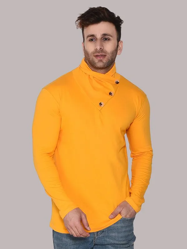 Yellow_Cotton_Blend_High_Neck_Full_Sleeve_T-Shirt_For_Men
