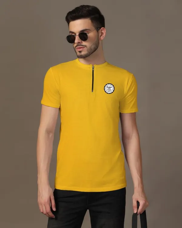 Yellow_Cotton_Blend_Mandarin_Collar_Half_Sleeve_T_Shirt_For_Men
