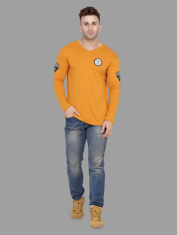 Mustard_Cotton_Blend_V_Neck_Full_Sleeve_T_Shirt_For_Men