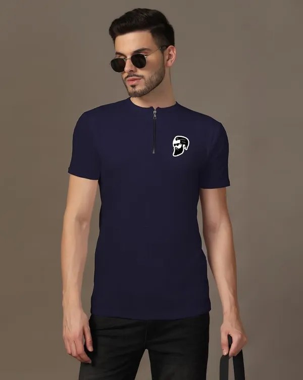 Dark_Blue_Cotton_Blend_Mandarin_Collar_Half_Sleeve_T_Shirt_For_Men