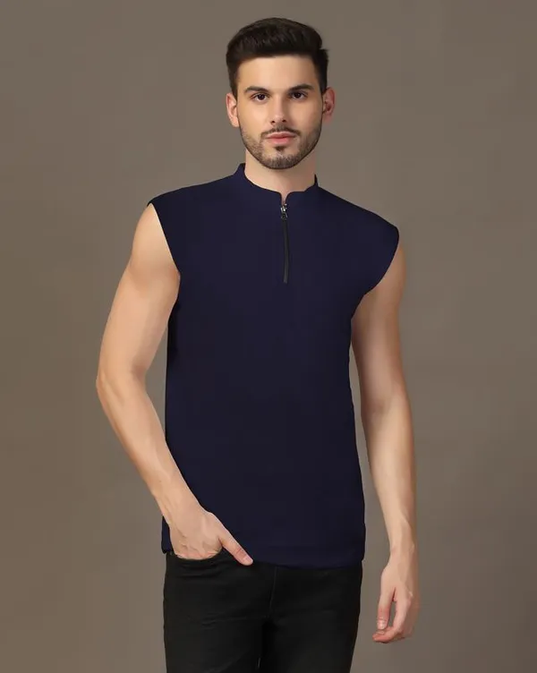 Dark_Blue_Cotton_Blend_Mandarin_Collar_Sleeveless_T_Shirt_For_Men