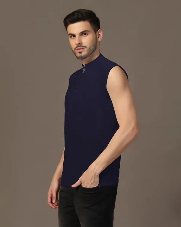 Dark_Blue_Cotton_Blend_Mandarin_Collar_Sleeveless_T_Shirt_For_Men