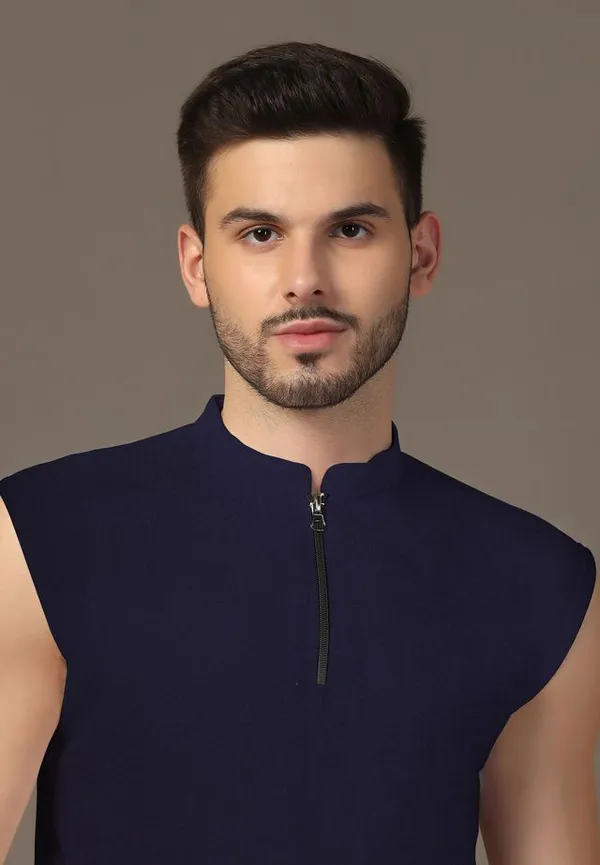 Dark_Blue_Cotton_Blend_Mandarin_Collar_Sleeveless_T_Shirt_For_Men