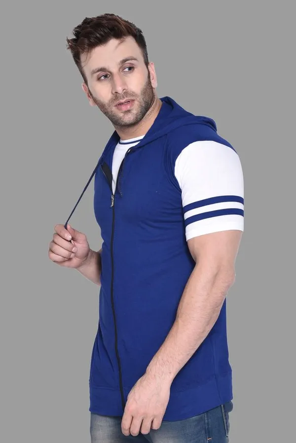 Blue_Cotton_Blend_Hooded_Neck_Half_Sleeve_T_Shirt_For_Men