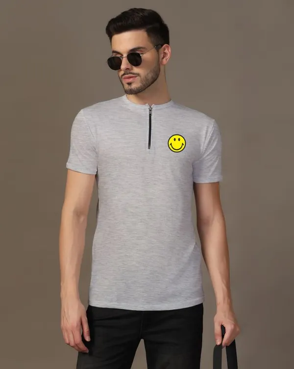 Silver_Cotton_Blend_Mandarin_Collar_Half_Sleeve_T_Shirt_For_Men