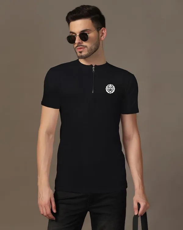 Black_Cotton_Blend_Mandarin_Collar_Half_Sleeve_T_Shirt_For_Men