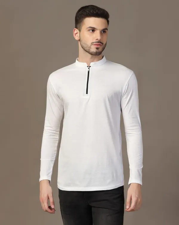 White_Cotton_Blend_Mandarin_Collar_Full_Sleeve_T_Shirt_For_Men