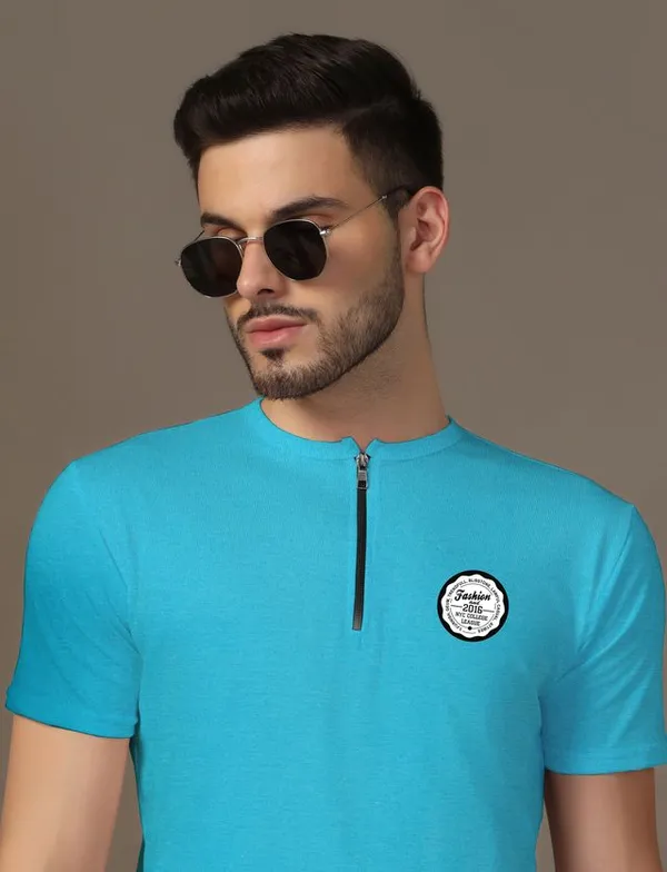 Turquoise_Cotton_Blend_Mandarin_Collar_Half_Sleeve_T_Shirt_For_Men
