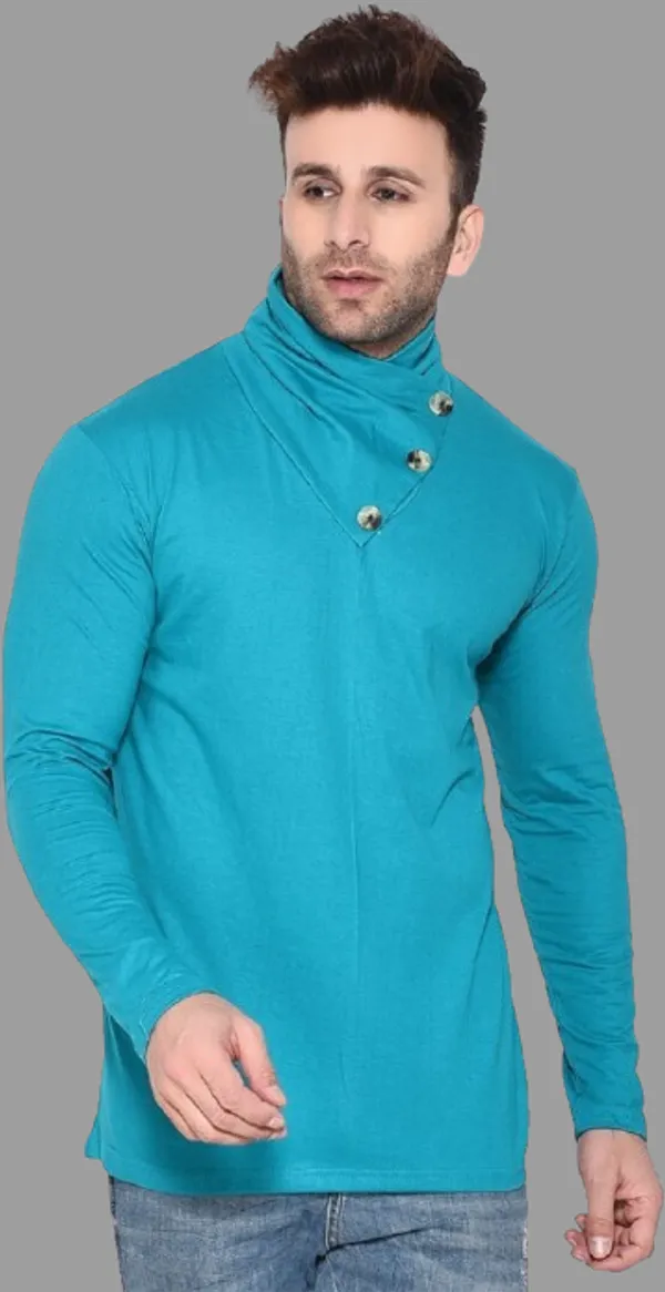 Turquoise_Cotton_Blend_High_Neck_Full_Sleeve_T-Shirt_For_Men