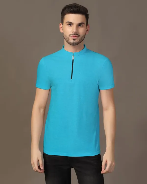 Turquoise_Cotton_Blend_Mandarin_Collar_Half_Sleeve_T_Shirt_For_Men