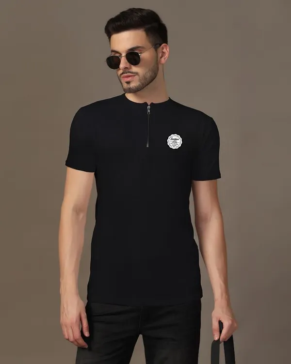 Black_Cotton_Blend_Mandarin_Collar_Half_Sleeve_T_Shirt_For_Men