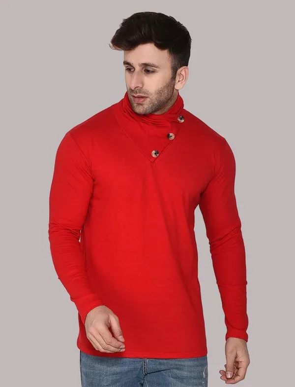 Red_Cotton_Blend_High_Neck_Full_Sleeve_T-Shirt_For_Men