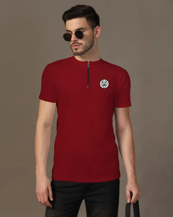 Maroon_Cotton_Blend_Mandarin_Collar_Half_Sleeve_T_Shirt_For_Men