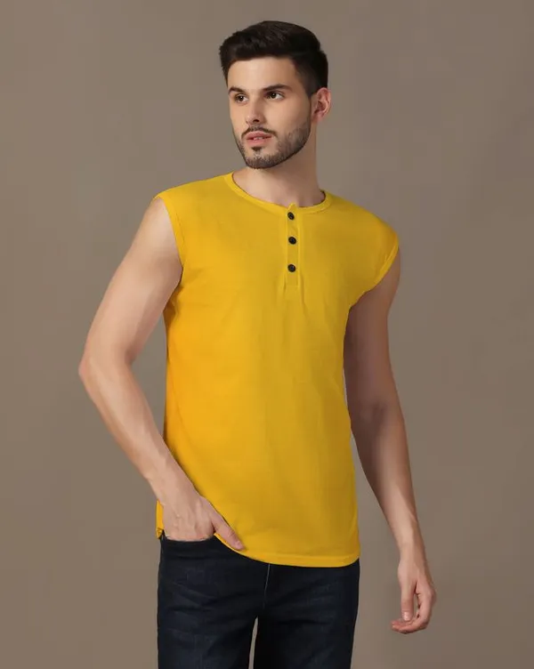 Yellow_Cotton_Blend_Henley_Neck_Sleeveless_T_Shirt_For_Men