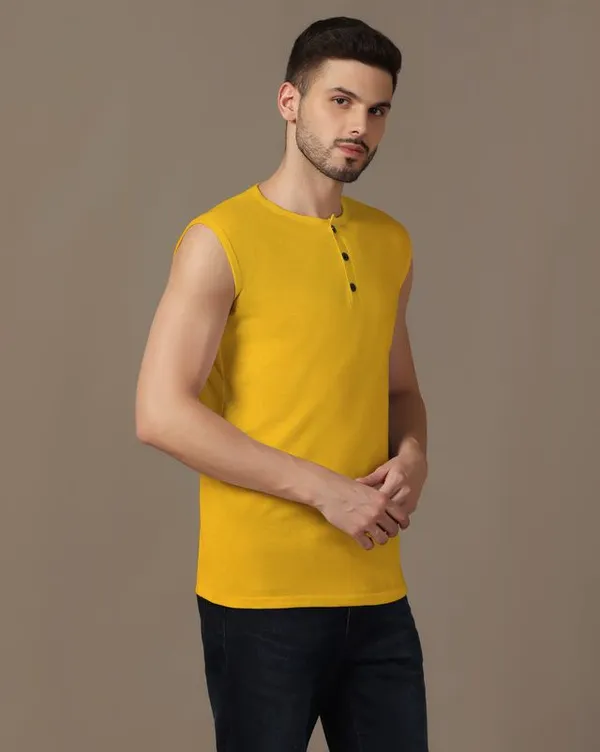 Yellow_Cotton_Blend_Henley_Neck_Sleeveless_T_Shirt_For_Men