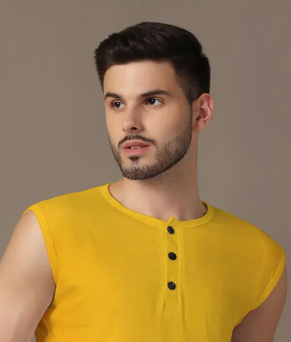 Yellow_Cotton_Blend_Henley_Neck_Sleeveless_T_Shirt_For_Men