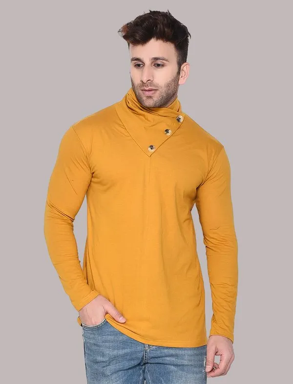 Mustard_Cotton_Blend_High_Neck_Full_Sleeve_T-Shirt_For_Men