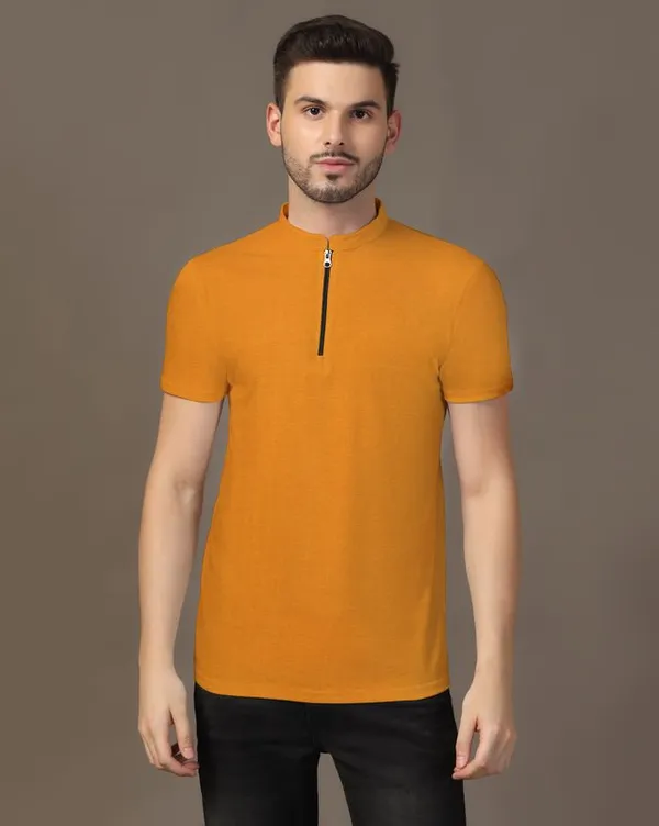 Mustard_Cotton_Blend_Mandarin_Collar_Half_Sleeve_T_Shirt_For_Men