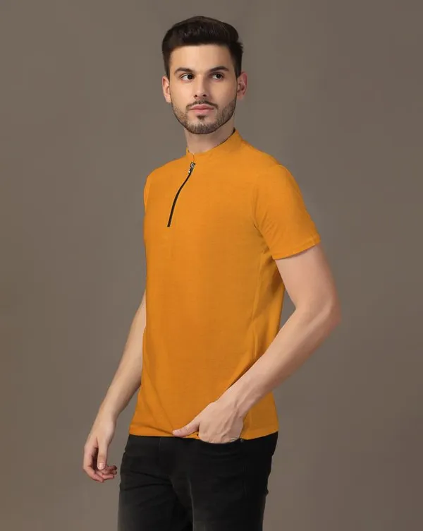 Mustard_Cotton_Blend_Mandarin_Collar_Half_Sleeve_T_Shirt_For_Men