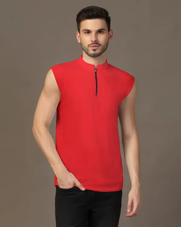 Red_Cotton_Blend_Mandarin_Collar_Sleeveless_T_Shirt_For_Men