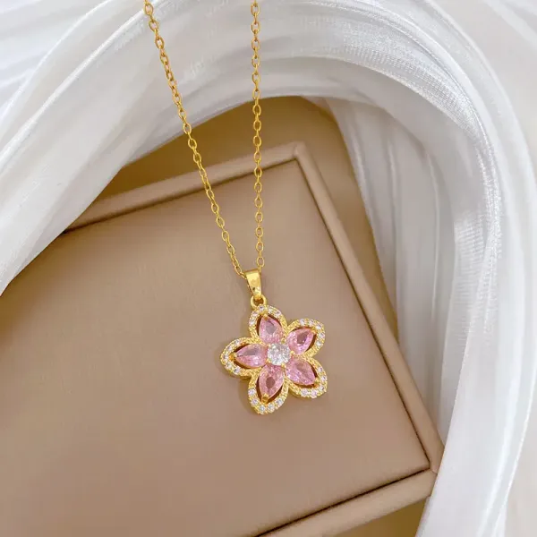 Pink_Titanium_Steel_Fivepetal_Flower_Necklace_Set_For_Women