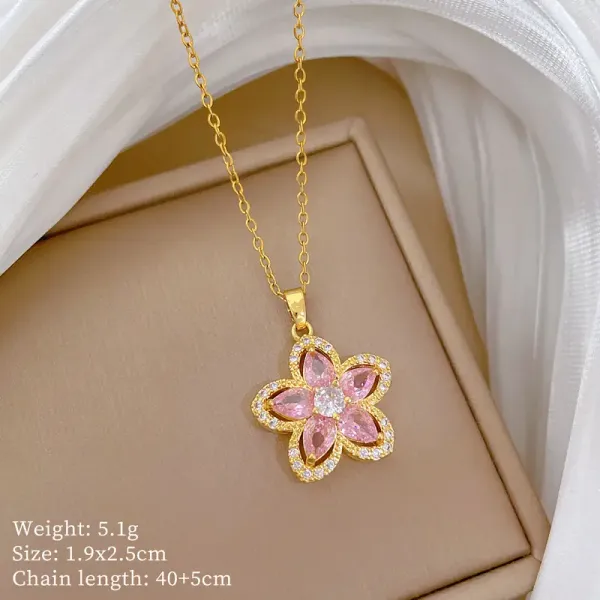Pink_Titanium_Steel_Fivepetal_Flower_Necklace_Set_For_Women