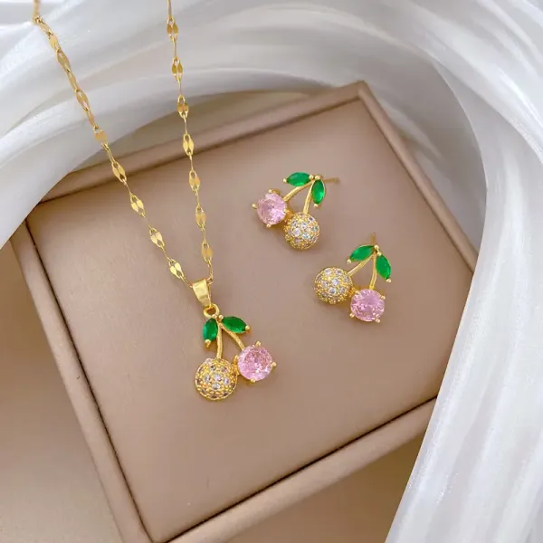 Multicolor_Titanium_Steel_Necklace_Jewelry_Dainty_Cherry_Necklace_Earring_Set_For_Women