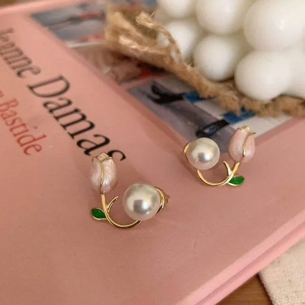 Multicolor_Pink_Tulip_Flower_Pearl_Earrings_For_Women