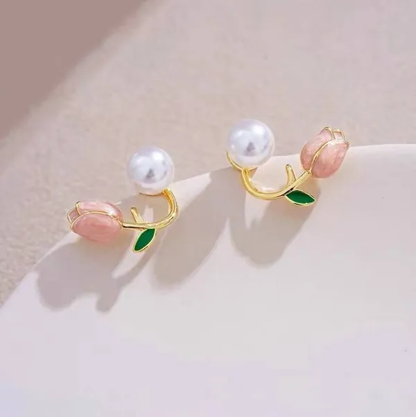 Multicolor_Pink_Tulip_Flower_Pearl_Earrings_For_Women