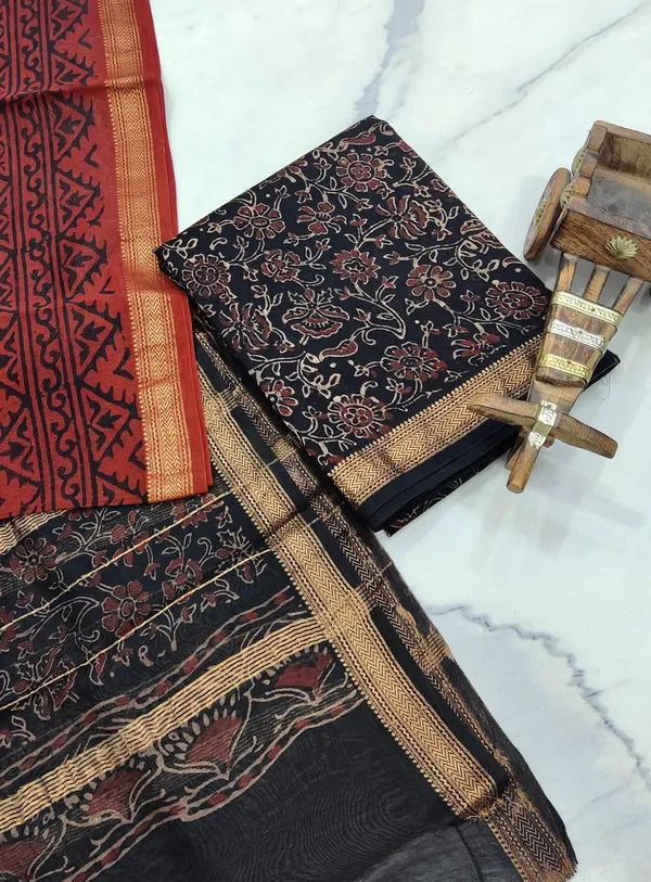 Black__Silk_Blend_Hand_Block_Print_Unstitched_Suit_for_Women