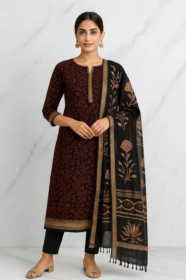 Black__Silk_Blend_Hand_Block_Print_Unstitched_Suit_for_Women
