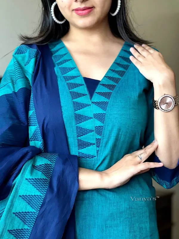 Green_&_Blue_South_Cotton_Handloom_Kurti_With_Pant_&_Dupatta_Set_|_For_Women