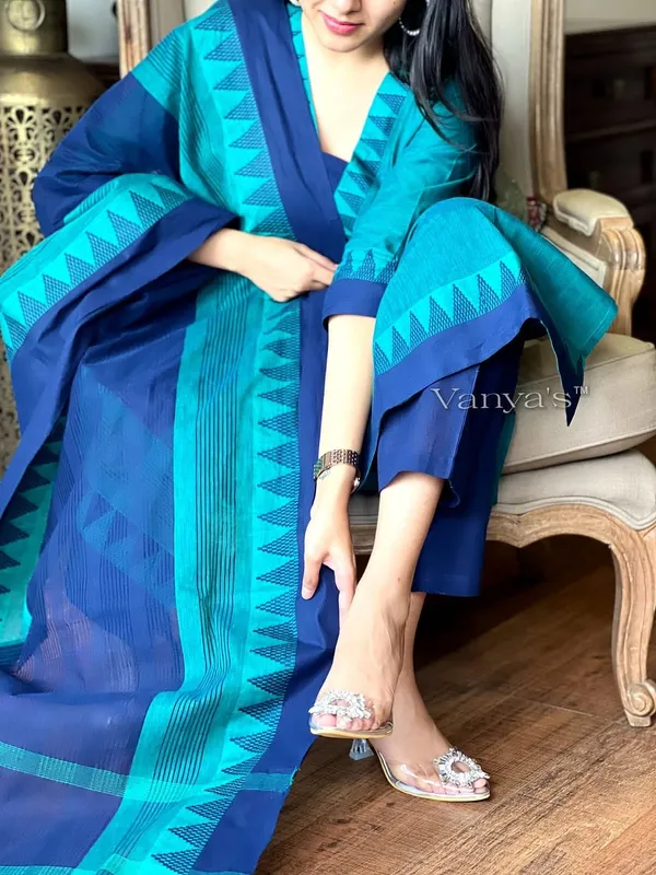 Green_&_Blue_South_Cotton_Handloom_Kurti_With_Pant_&_Dupatta_Set_|_For_Women