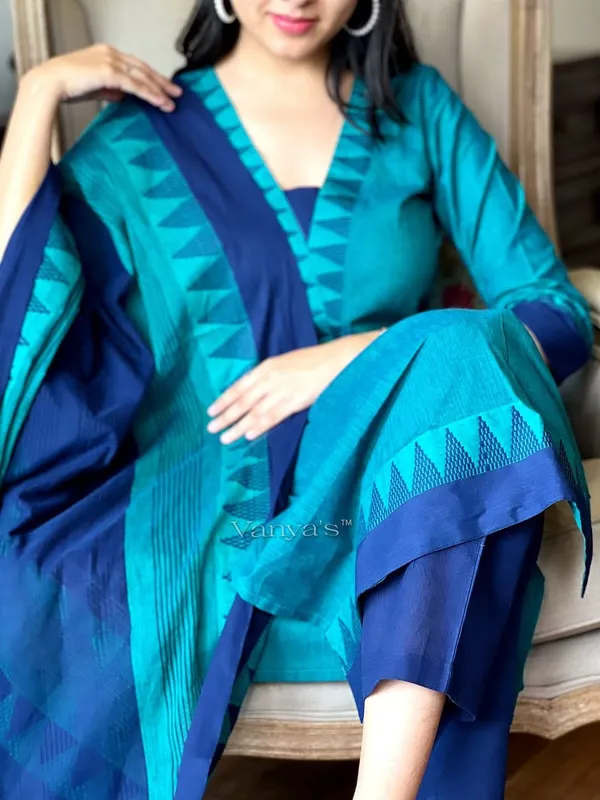 Green_&_Blue_South_Cotton_Handloom_Kurti_With_Pant_&_Dupatta_Set_|_For_Women