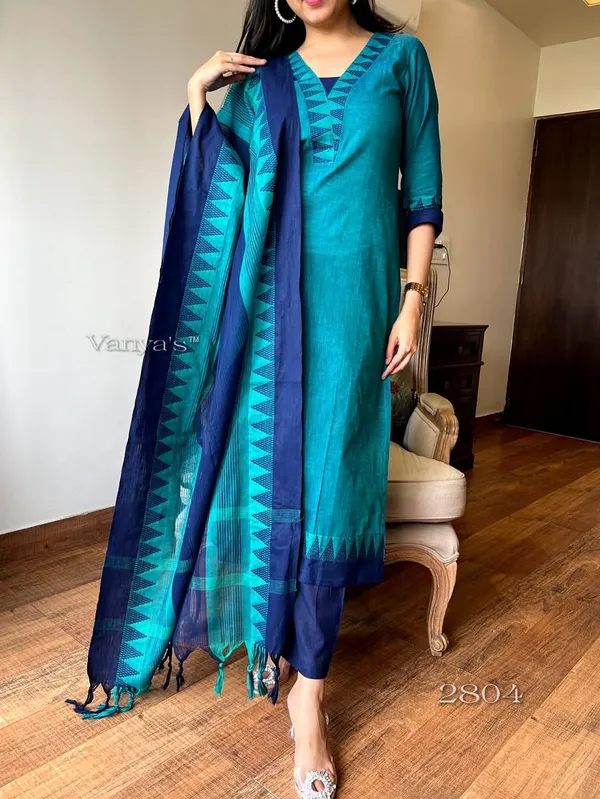 Green_&_Blue_South_Cotton_Handloom_Kurti_With_Pant_&_Dupatta_Set_|_For_Women