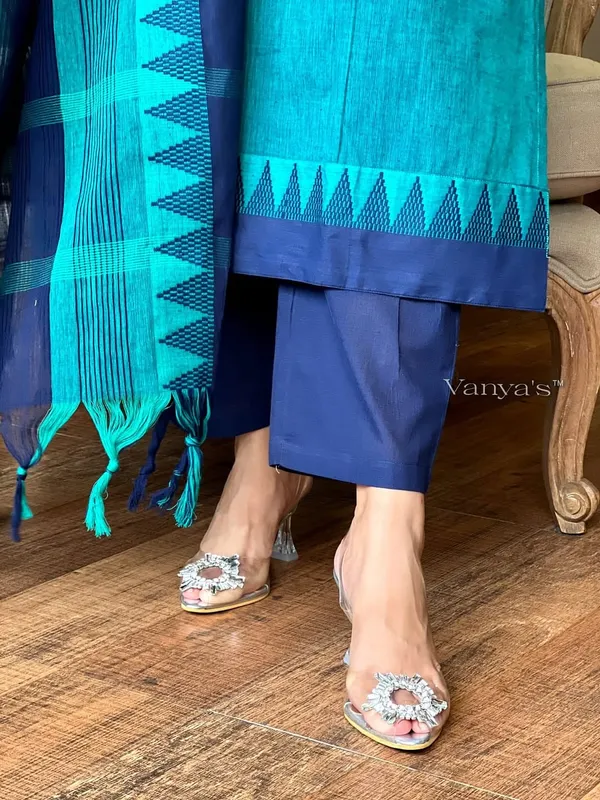 Green_&_Blue_South_Cotton_Handloom_Kurti_With_Pant_&_Dupatta_Set_|_For_Women