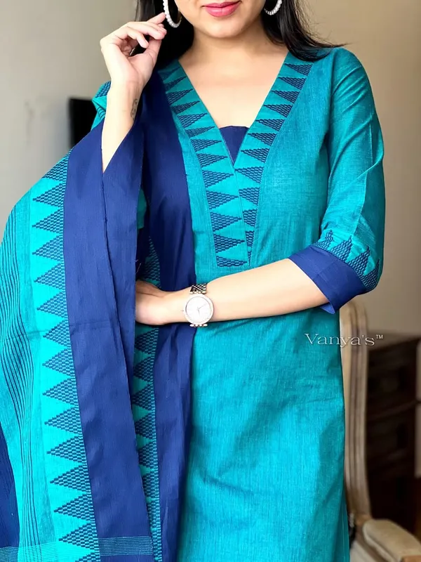 Green_&_Blue_South_Cotton_Handloom_Kurti_With_Pant_&_Dupatta_Set_|_For_Women