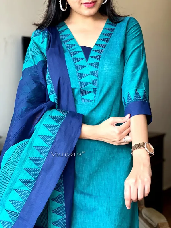 Green_&_Blue_South_Cotton_Handloom_Kurti_With_Pant_&_Dupatta_Set_|_For_Women