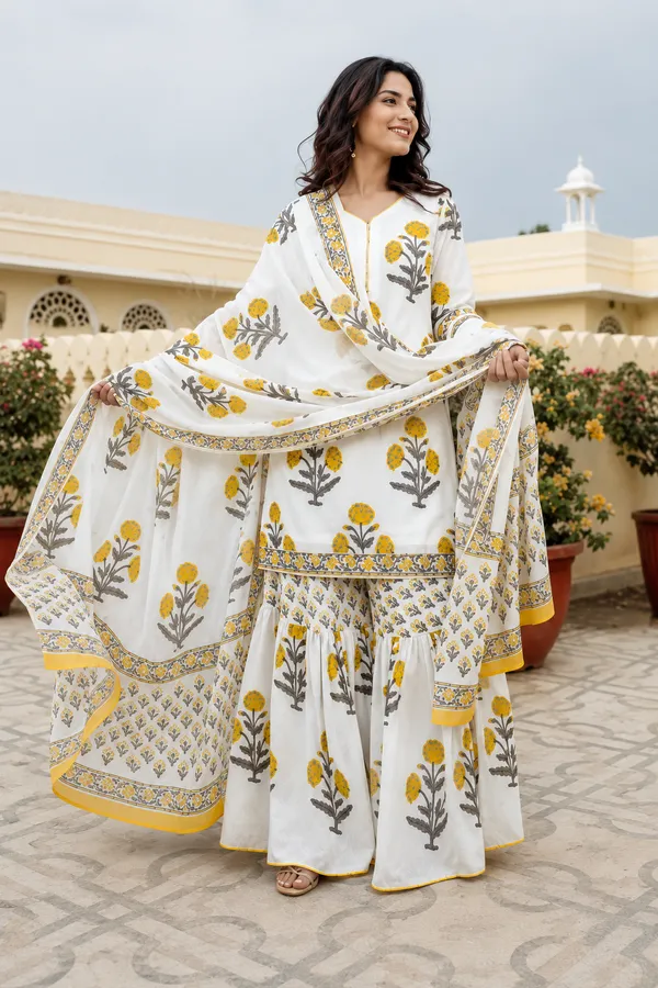 White_Cotton_Floral_Printed_Kurti_with_Sharara_&_Dupatta_|_For_Women