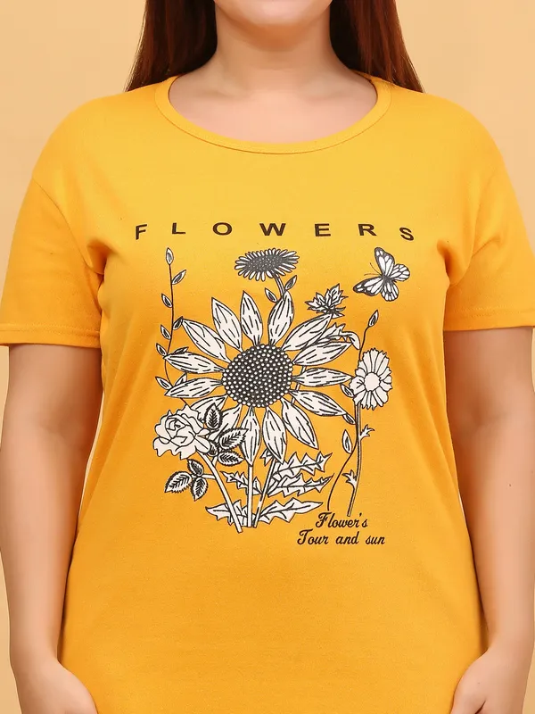 WOMEN_SHORT_TSHIRT_FLOWERS(MUSTARD)_LOWER(BLACK)