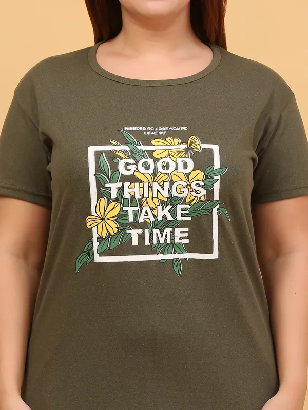 WOMEN_SHORT_TSHIRT_GOOD_THINGS(OLIVE)_LOWER(BLACK)