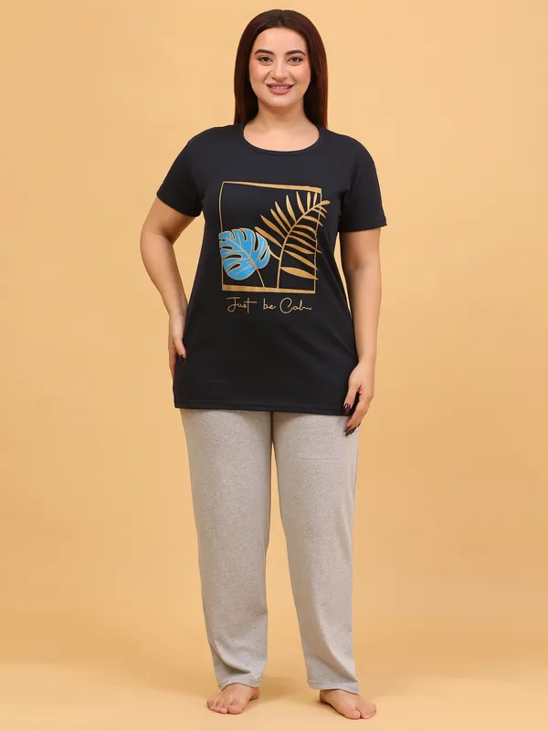 WOMEN_SHORT_TSHIRT_LEAF_(NAVY)_LOWER(GREY)