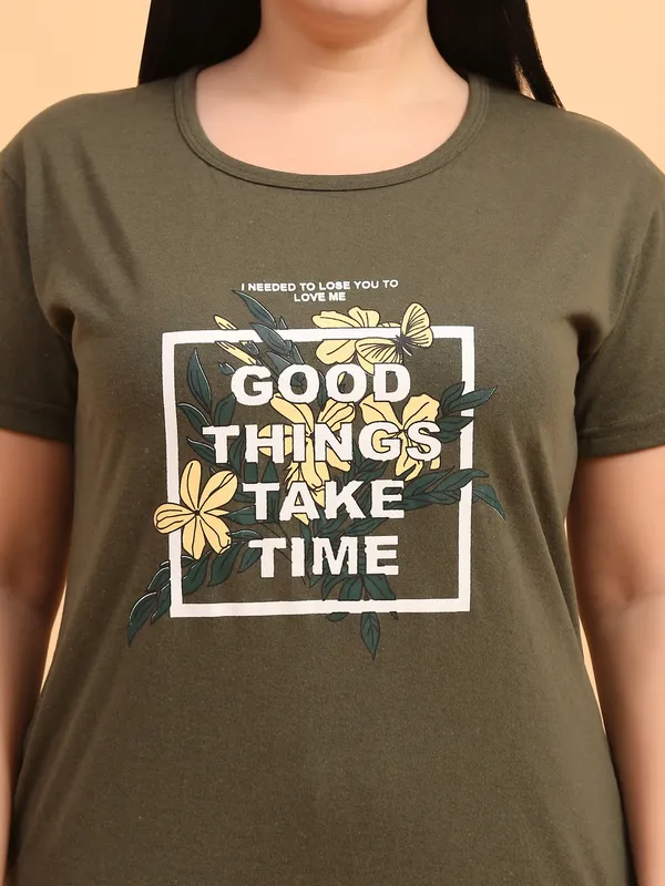 WOMEN_LONG_TSHIRT_GOOD_THINGS(OLIVE)_LOWER(BLACK)