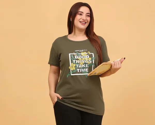 WOMEN_SHORT_TSHIRT_GOOD_THINGS(OLIVE)