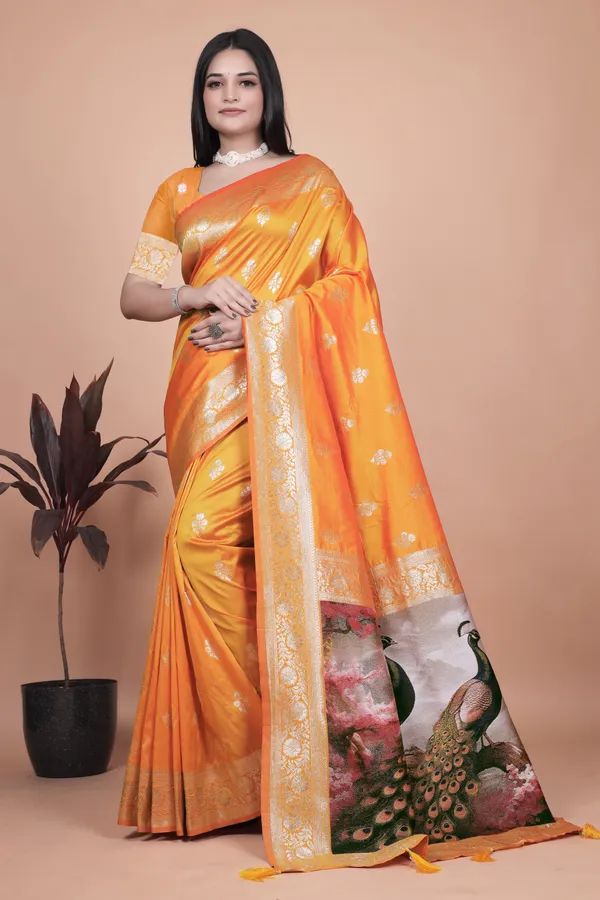 Radiant_Orange_Silk_Saree_With_Peacock_Pallu_For_Women