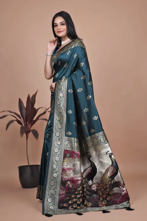 Teal_Banarasi_Silk_Saree_With_Majestic_Peacock_Pallu_For_Women