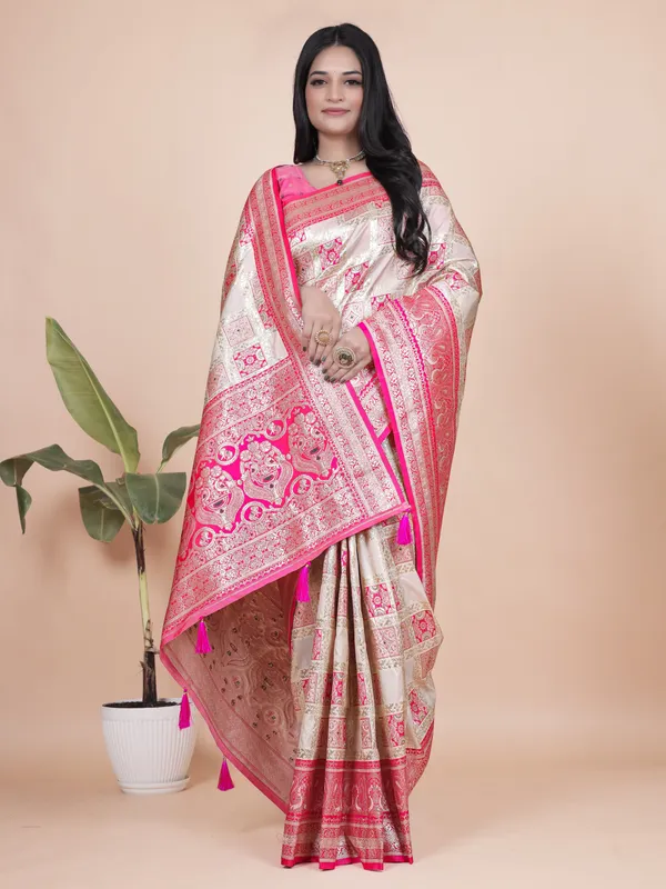 Cream_And_Pink_Banarasi_Silk_Saree_With_Rich_Silver_Zari_Weaving_For_Women