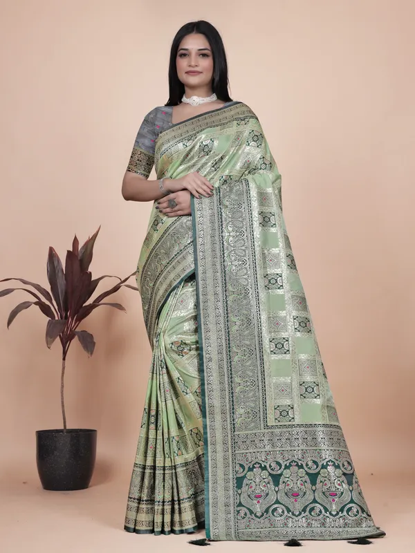 Pastel_Green_And_Dark_Green_Banarasi_Silk_Saree_With_Silver_Zari_Weaving_For_Women